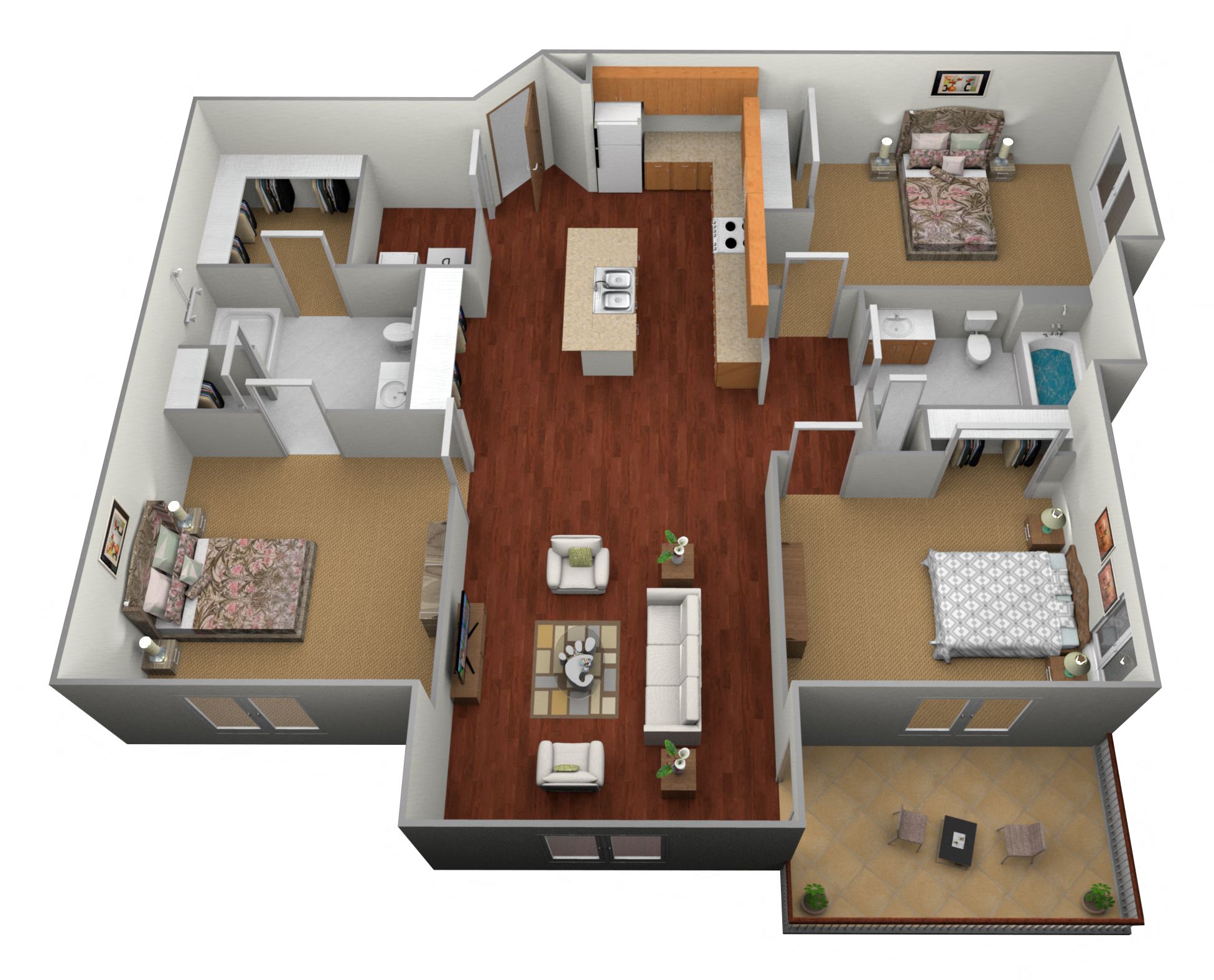 Floor plan for 3 beds, 2 baths, 1300 sqft